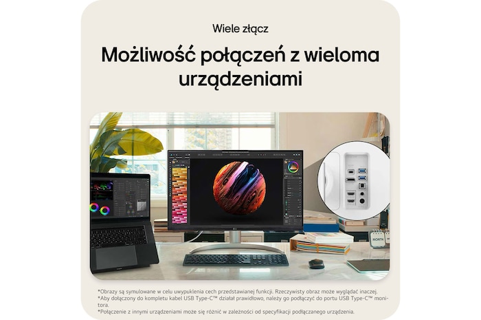 Monitor LG 32UQ850V-W z USB-C i wielointerfejsową łącznością, pełniący funkcję huba do podłączania wielu profesjonalnych urządzeń do monitora.