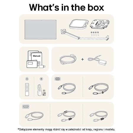 Monitor LG 32U889SA-W przedstawiający przegląd wszystkich dołączonych elementów, w tym korpus monitora, części stojaka ergonomicznego, instrukcję, pilot oraz kable HDMI, DP i USB-C.