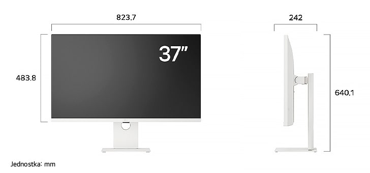 Monitor LG UltraFine Display 37U730SA w białym wykończeniu przedstawia wymiary w widoku z przodu i z boku, mierząc 823.7 mm szerokości, 483.8 mm wysokości wyświetlacza, 640.1 mm wysokości całkowitej oraz 242 mm głębokości.