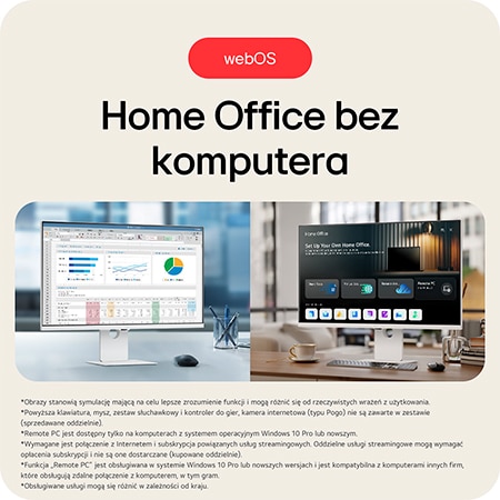 Monitor LG 37U730SA prezentujący funkcję webOS z Biurem Domowym, umożliwiającą pracę całkowicie bez komputera dzięki zdalnemu połączeniu z PC i dostępowi do aplikacji.