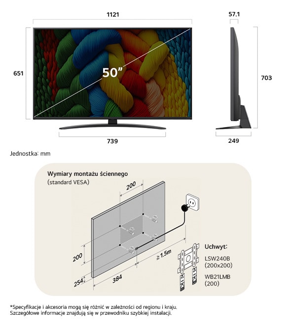 Widok wymiarów LG NanoCell AI NANO81 4K Smart TV 50-inch, 1121×703×247 mm, panel 57.1 mm, VESA 200x200.