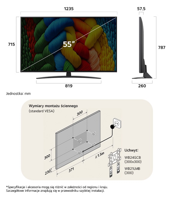 Widok wymiarów LG NanoCell AI NANO81 4K Smart TV 55-inch, 1235×787×260 mm, panel 57.5 mm, VESA 300x300.