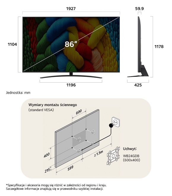 Widok wymiarów LG NanoCell AI NANO81 4K Smart TV 86-inch, 1927×1178×425 mm, panel 59.9 mm, VESA 600x400.