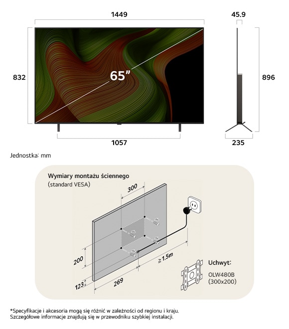 Widok wymiarów LG OLED AI B5 4K 65-inch, 1449×896×235 mm, panel 45.9 mm, VESA 300x200.                             
