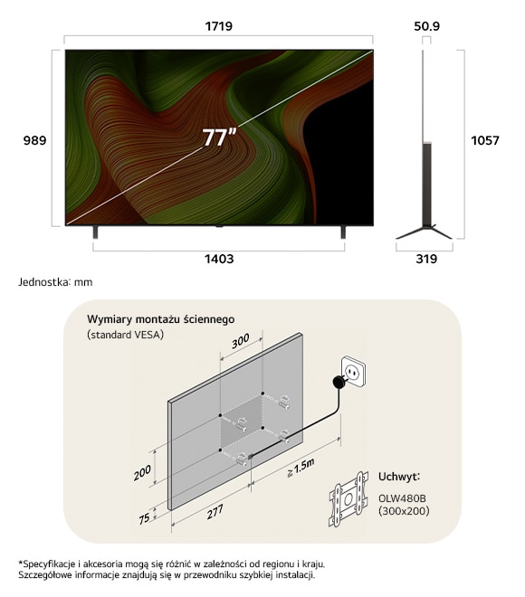 Widok wymiarów LG OLED AI B5 4K 77-inch, 1719×1057×319 mm, panel 50.9 mm, VESA 300x200.                            
