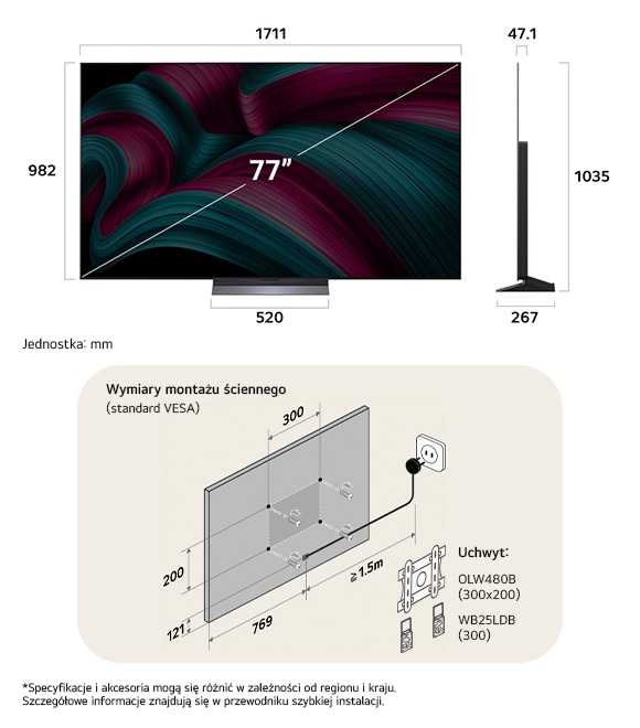 Widok wymiarów LG OLED AI B4 4K 77-inch, 1719×1057×319 mm, panel 50.9 mm, VESA 300x200.                            