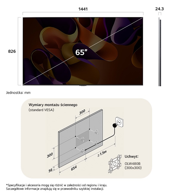 Visão de dimensões do LG OLED evo AI G4 4K 65-inch, 1441×910×263 mm, panel 24.3 mm, VESA 300x300, lowest position 865 mm.