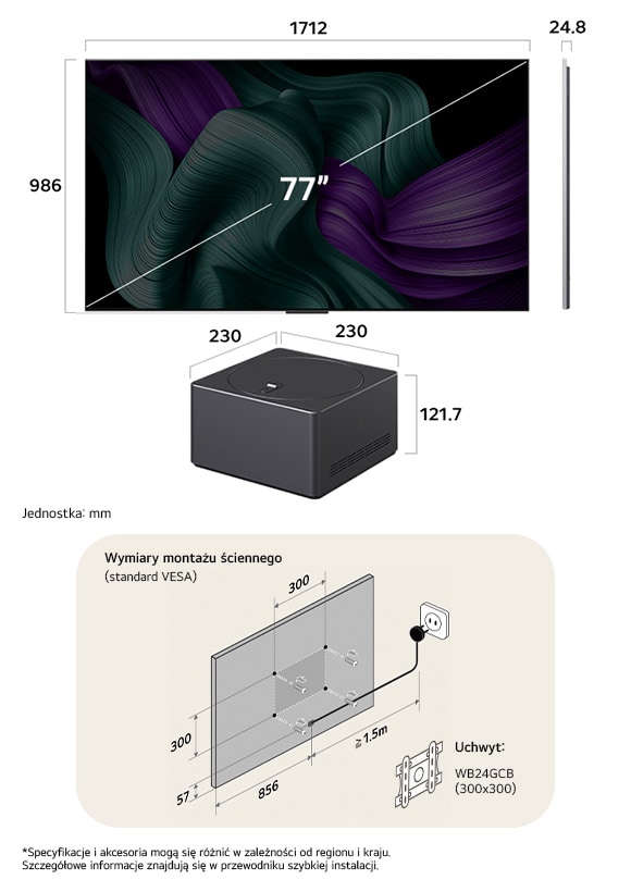 Widok wymiarów LG OLED evo AI M5 4K 77-inch, panel 24.8 mm, VESA 300x300, Zero Connect Box 230×230×121.7 mm.       