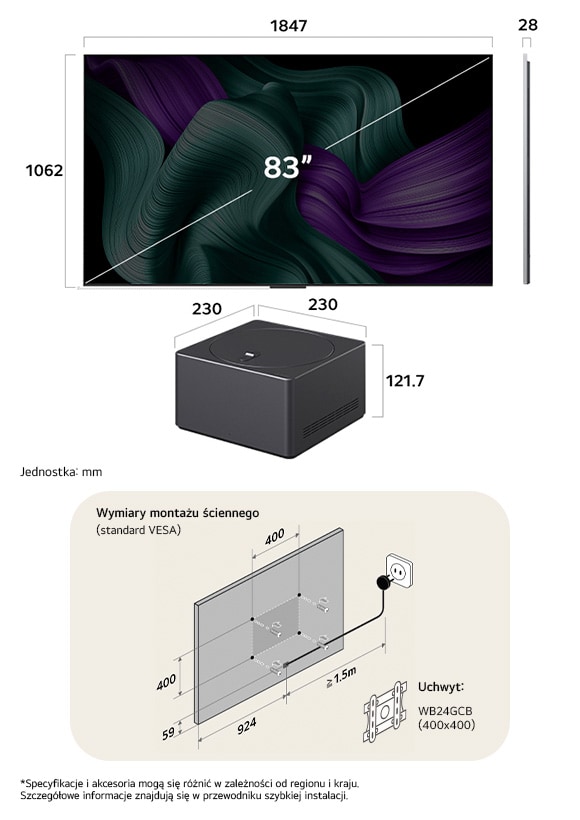 Widok wymiarów LG OLED evo AI M5 4K 83-inch, panel 28 mm, VESA 400x400, Zero Connect Box 230×230×121.7 mm.         