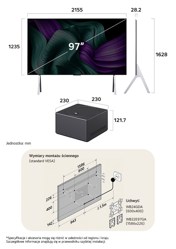 Widok wymiarów LG OLED evo AI M5 4K 97-inch, panel 28.2 mm, VESA 600x400, Zero Connect Box 230×230×121.7 mm.       