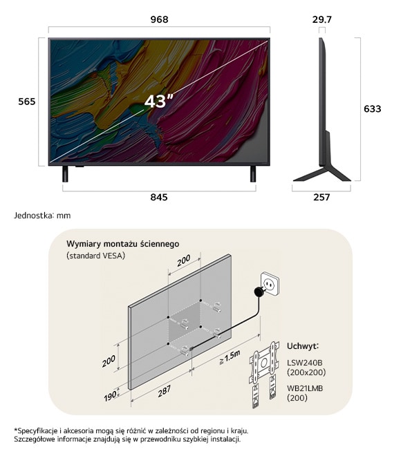 Widok wymiarów LG QNED MiniLED AI QNED80 4K 43-inch, 968×635×257 mm, panel 29.7 mm, VESA 200x200.                  