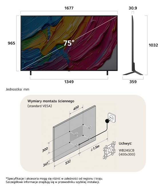 Widok wymiarów LG QNED MiniLED AI QNED80 4K 75-inch, 1677×1032×359 mm, panel 30.9 mm, VESA 400x300.                
