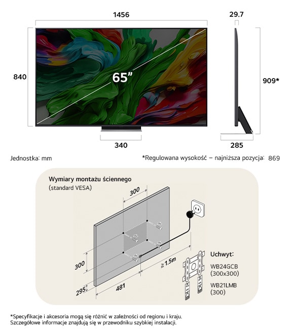 Widok wymiarów LG QNED MiniLED AI QNED86 4K 65-inch, 1456×909×285 mm, panel 29.7 mm, VESA 300x300, lowest position 869 mm.