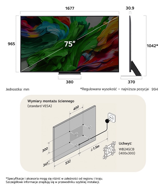 Widok wymiarów LG QNED MiniLED AI QNED86 4K 75-inch, 1677×1042×370 mm, panel 30.9 mm, VESA 400x300, lowest position 994 mm.