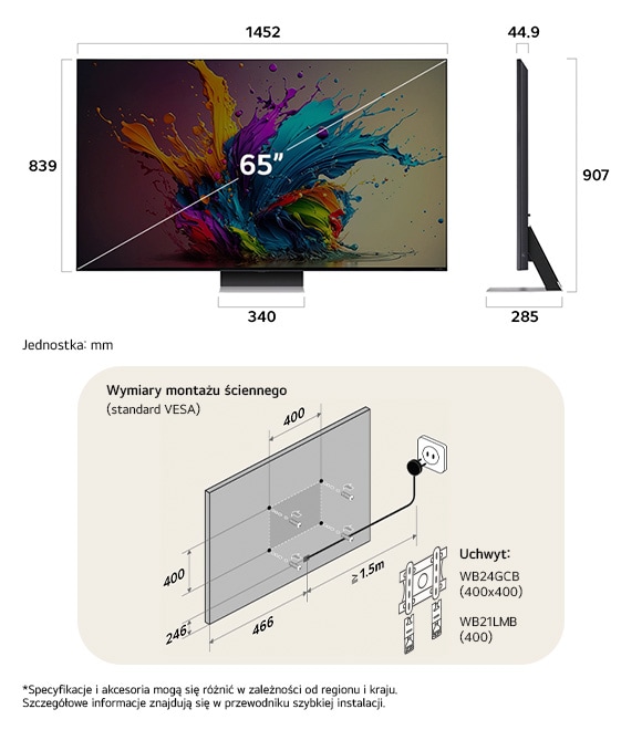Widok wymiarów LG QNED MiniLED AI QNED91 4K 65-inch, 1452×907×285 mm, panel 44.9 mm, VESA 400x400.                 