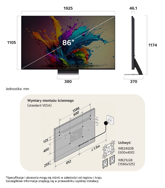 Widok wymiarów LG QNED MiniLED AI QNED91 4K 86-inch, 1925×1174×370 mm, panel 46.1 mm, VESA 600x400.                