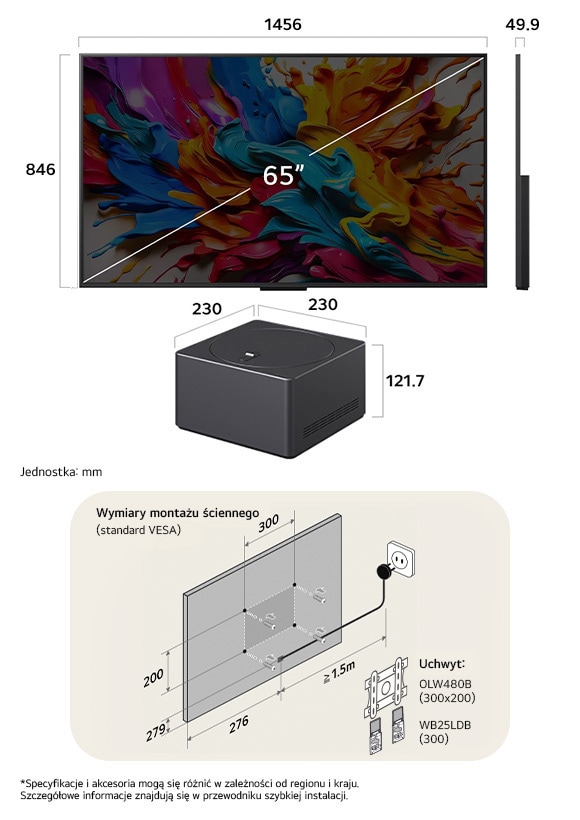 Widok wymiarów LG QNED MiniLED AI QNED9M 4K 65-inch, 1456x846 mm, panel 49.9 mm, VESA 400x300.                 