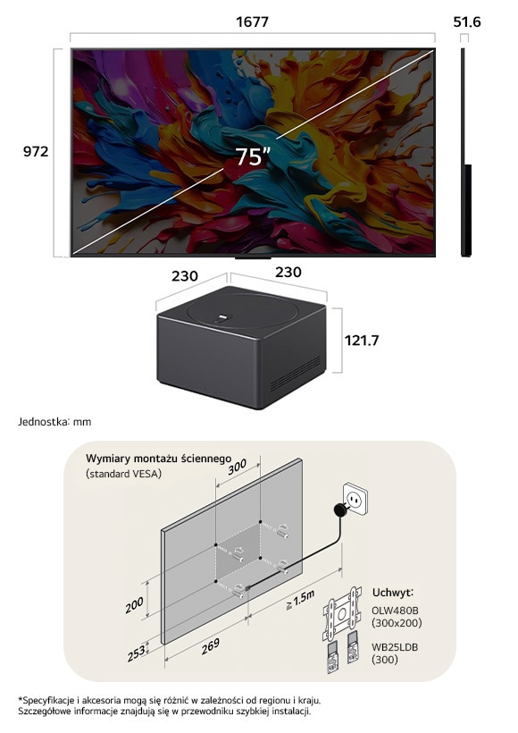 Widok wymiarów LG QNED MiniLED AI QNED9M 4K 75-inch, 1677x972 mm, panel 51.6 mm, VESA 400x300.                