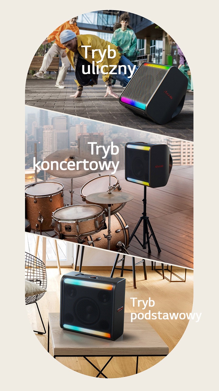 Po lewej stronie xboom Stage 301 stoi na ziemi przed tańczącymi ludźmi. W środkowej części xboom Stage 301 jest ustawiony na statywie obok perkusji. Po prawej stronie xboom Stage 301 stoi na stole w salonie.