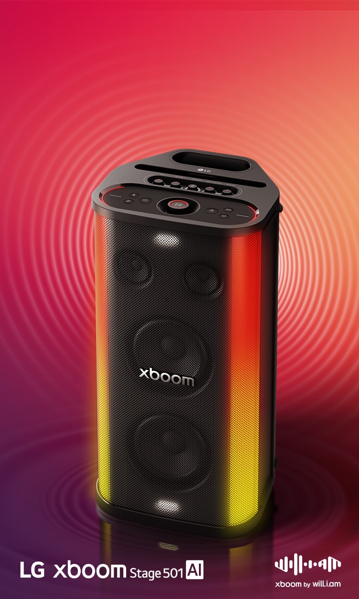 LG xboom Stage 501 ist ein tragbarer Party‑Speaker mit integrierter LED‑Beleuchtung und xboom Signature Sound, abgestimmt von will.i.am – für kraftvollen Sound, der jede Party auf das nächste Level hebt.