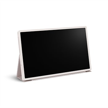 LG StanbyME 2 podparty jak tablet za pomocą etui folio.