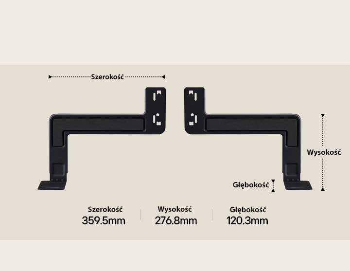 Two components of WOW Bracket set lengthways on a beige background. The width, height, and depth is labelled and displayed by arrows. At the bottom, the following specs: Width 359.5mm, Height 276.8mm, Depth 120.3mm.