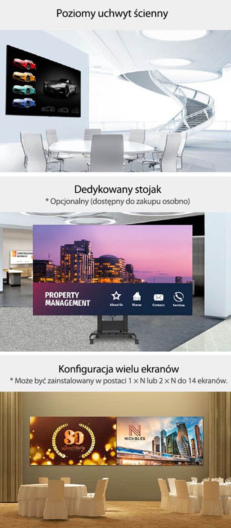 "LAEC montowany na ścianie z mocowaniem na ścianie. LAEC zostały zainstalowane wraz z opcjonalnym dedykowanym stojakiem w hali imprezowej. Dwa LAEC są zainstalowane na ścianach hotelowej sali balowej obok siebie"