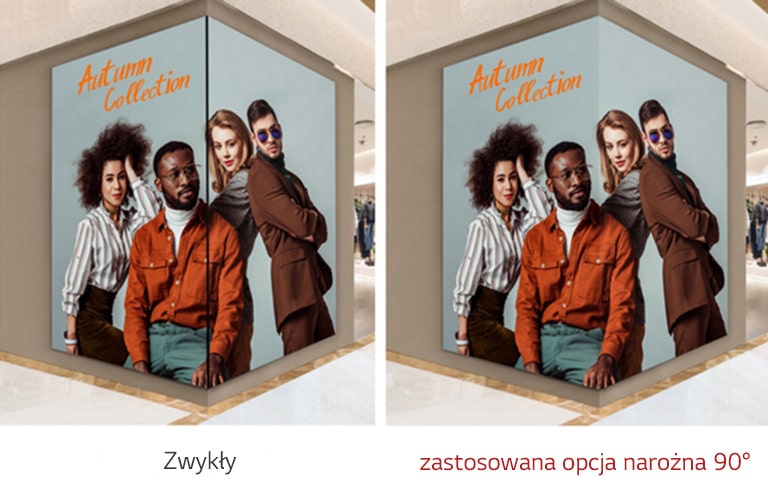 Treść z opcją narożną 90° jest prezentowana bezbłędnie nawet w przypadku instalacji w rogu.