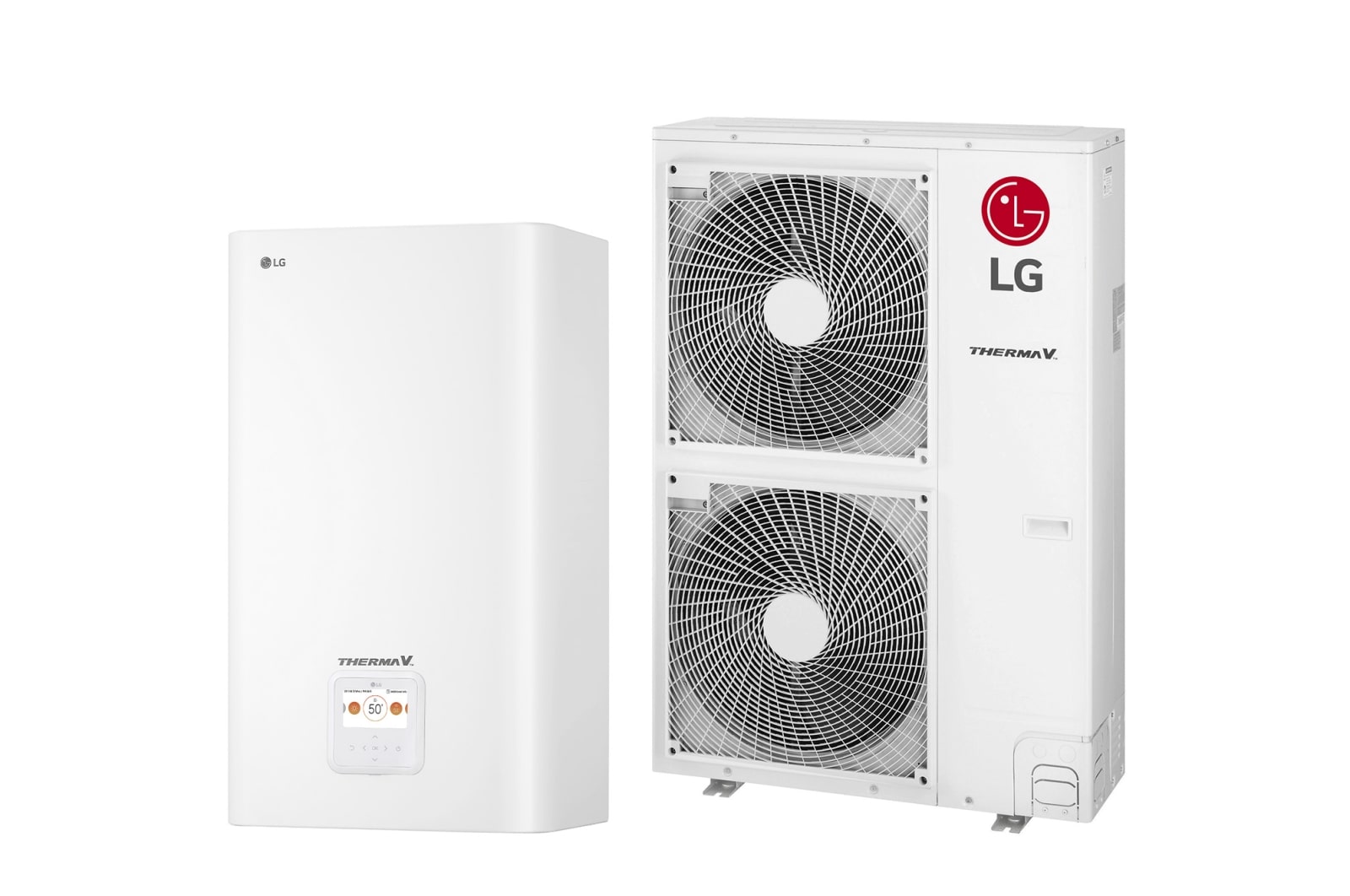 Widok z przodu białego prostokątnego LG R32 Monobloc S z dwoma okrągłymi wentylatorami ustawionymi pionowo i logo LG w prawym górnym rogu.