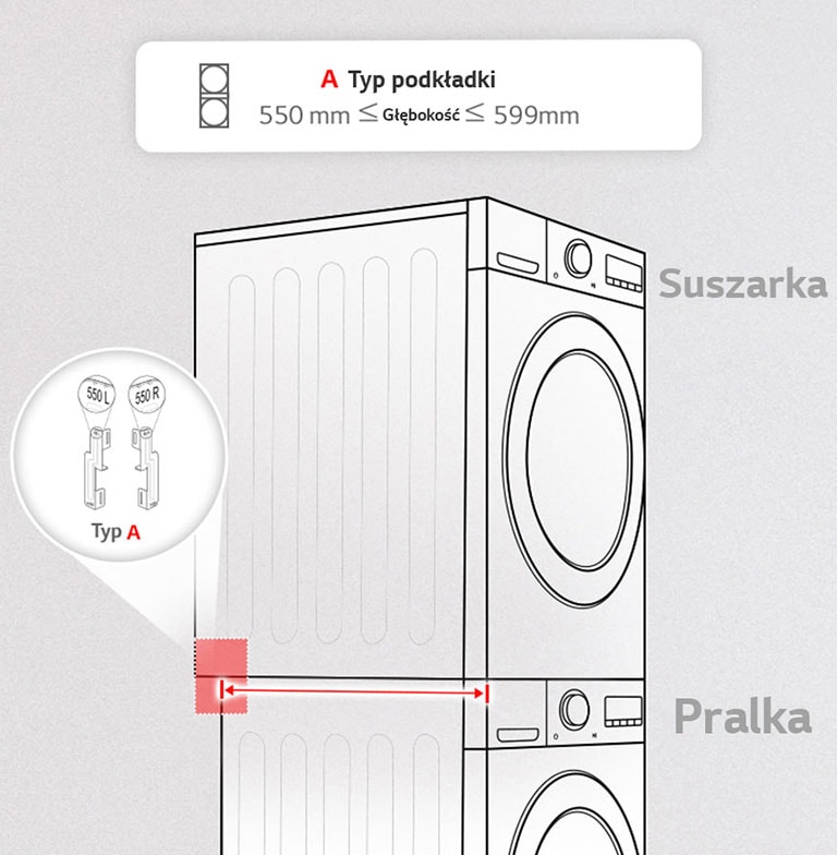 Rysunek przedstawia rozmiar produktu typu A do zainstalowania z pralką