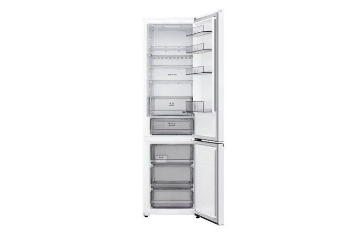 LG bottom freezer (gbbs726cpy) full door open view showing fridge and freezer compartments