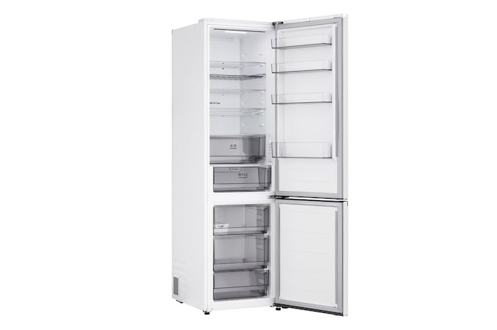 LG fridge freezer (gbbs726cpyEV) shelf highlighted in blue with arrows up and down right image shows folded shelf holding two water bottles