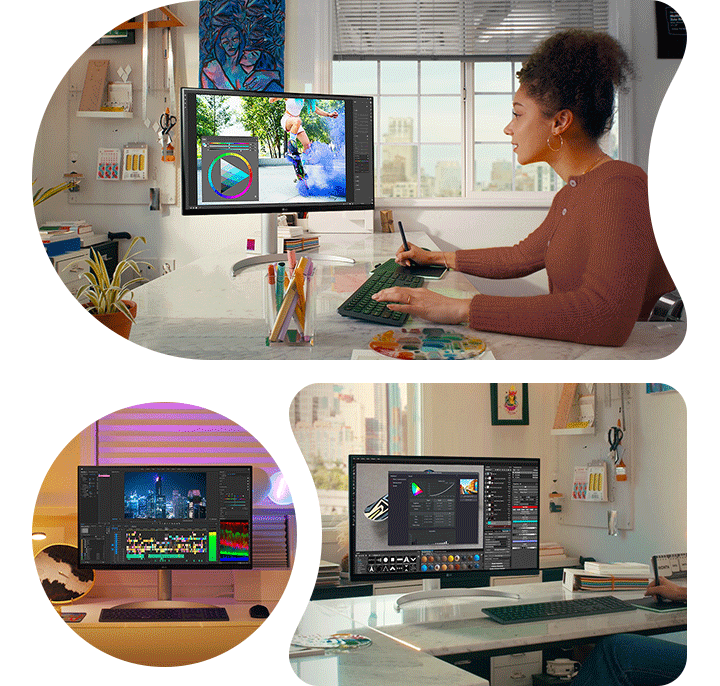 Scena z Photoshopa, streamingu i edycji wideo z 32UQ850V.
