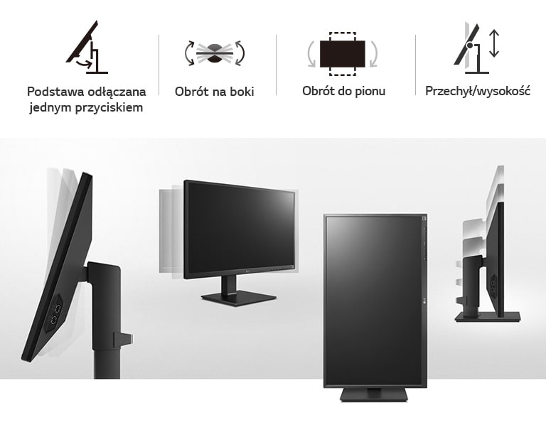 widok funkcji obrotu, przechyłu, odchylenia, regulacji wysokości i podstawy One Click Stand.