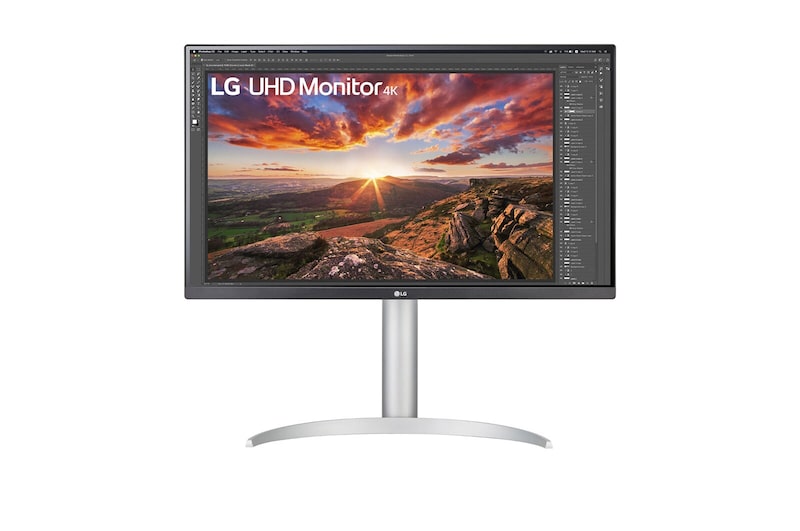 Front view of Monitor LG 27” UHD 4K, IPS, USB-C, VESA DisplayHDR™ 400 z wbudowanymi głośnikami 27UP85NP-W