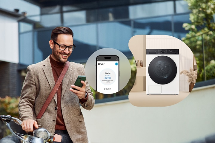 Mężczyzna zdalnie sterujący suszarką LG za pomocą aplikacji ThinQ.