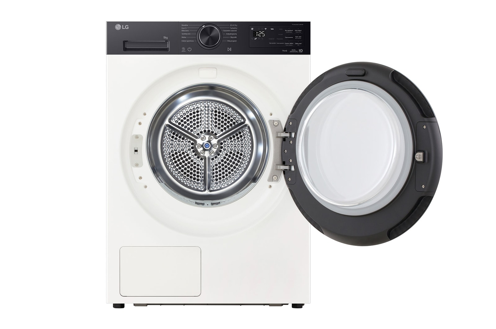 widok z przodu na otwartą suszarkę LG