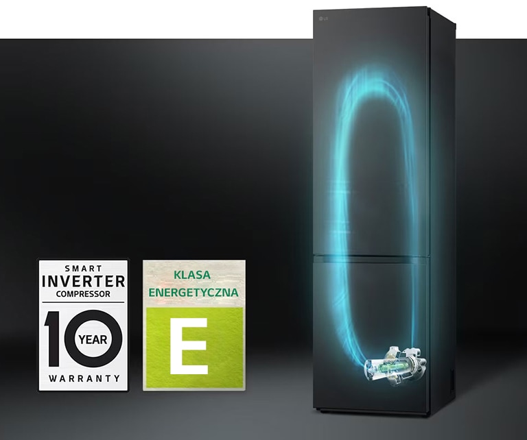 Lodówka z wydajnym systemem chłodzenia za pomocą inteligentnej sprężarki inwerterowej i 10-letnią gwarancją na sprężarkę.