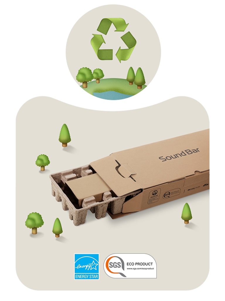 Opakowanie LG Soundbar na beżowym tle z ilustracjami drzew.   Logo Energy Star Logo produktu SGS Eco