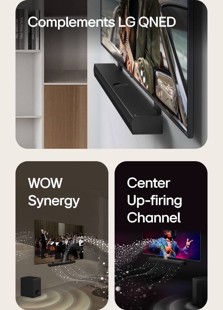 LG Soundbar i LG QNED TV na ścianie z uchwytem QNED Matching w szarej i drewnianej przestrzeni mieszkalnej pod kątem, przedstawiające mężczyznę grającego na gitarze na tle oceanu.   LG Soundbar i LG TV w salonie odtwarzające występ orkiestry. Białe fale kropel reprezentujące fale dźwiękowe tryskają w górę i do przodu z soundbara oraz rzutują z telewizora, kiedy subwoofer tworzy efekt dźwiękowy emitowany z dołu.  LG Soundbar i LG TV w czarnym pokoju. Odtwarzany jest występ muzyczny. Białe kropel reprezentujące fale dźwiękowe tryskają w górę i do przodu z soundbara, kiedy subwoofer tworzy efekt dźwiękowy emitowany z dołu.