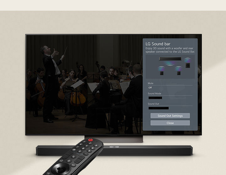 Pilot LG jest skierowany w stronę LG TV z LG Soundbar umieszczonym pod spodem. Ekran LG TV pokazuje menu interfejsu WOW.