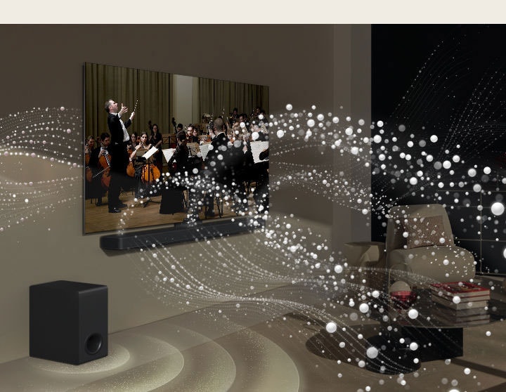 LG TV, LG Soundbar i subwoofer w salonie. Odtwarzany jest występ muzyczny. Białe krople tworzą fale dźwiękowe, które wystrzeliwują z soundbara i z telewizora w górę i do przodu. Subwoofer tworzy efekt dźwiękowy emitowany z dołu.