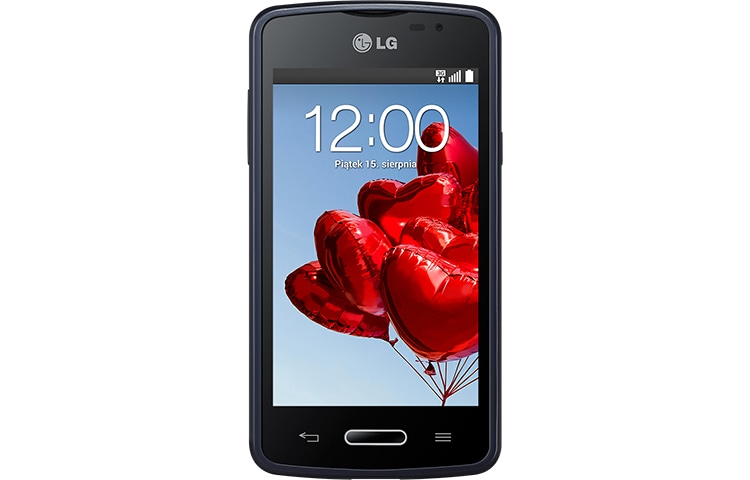 LG L50 Sporty, WYŚWIETLACZ IPS 4&#34;, DWURDZENIOWY PROCESOR 1,3 GHZ, ZINTEGROWANE ETUI SLIM GUARD, ANDROID ™ 4.4.2 KitKat, KNOCK CODE ™, DOSTĘPNE KOLORY: CZARNO-GRANATOWY ORAZ CZARNO-BIAŁY LG L50 Sporty - widok z przodu