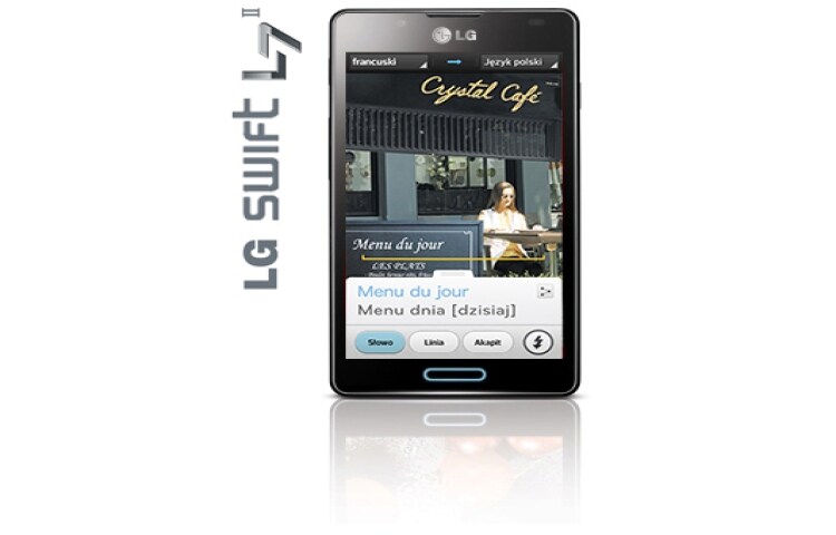 Wyświetlacz IPS 4.3”, Bateria 2460 mAh, Aparat 8 Mpix, Quick Memo, Safety Care, Quick Translator  LG Swift L7 II - widok z przodu