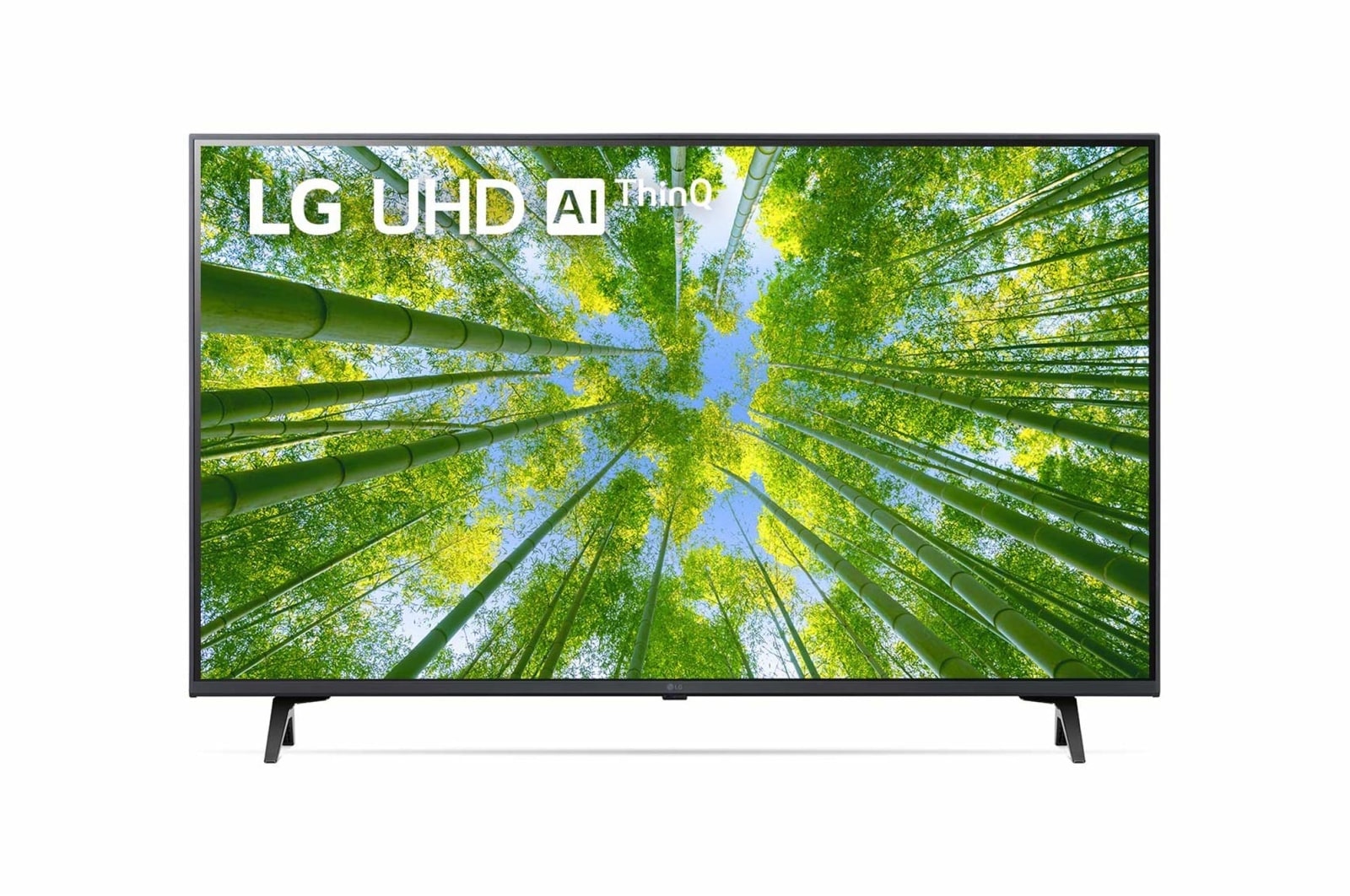 Widok z przodu telewizora LG UHD z obrazem wypełniającym i logo produktu