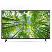 Widok z przodu telewizora LG UHD z obrazem wypełniającym i logo produktu