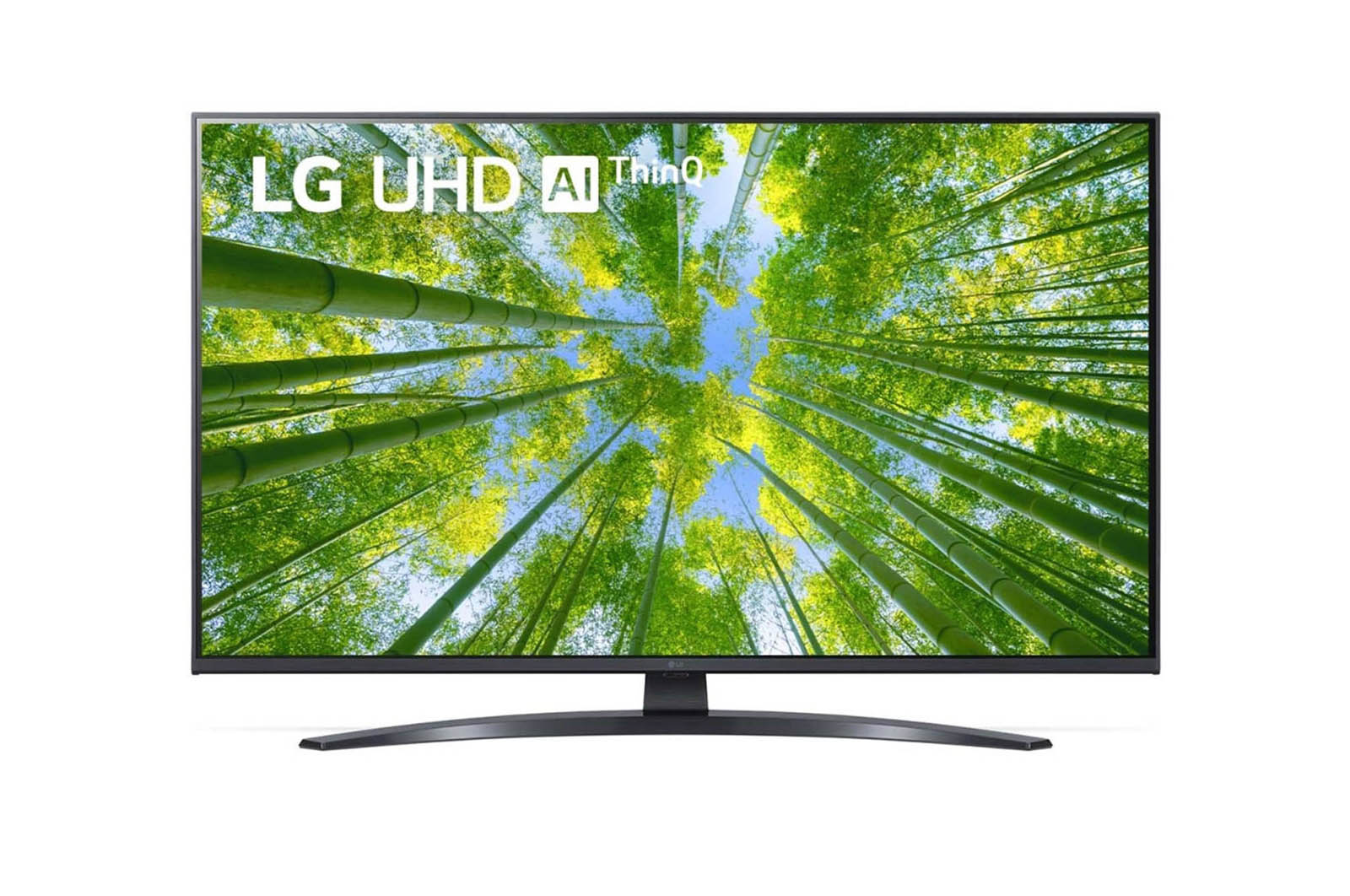 Widok z przodu telewizora LG UHD z obrazem wypełniającym i logo produktu