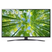 Widok z przodu telewizora LG UHD z obrazem wypełniającym i logo produktu