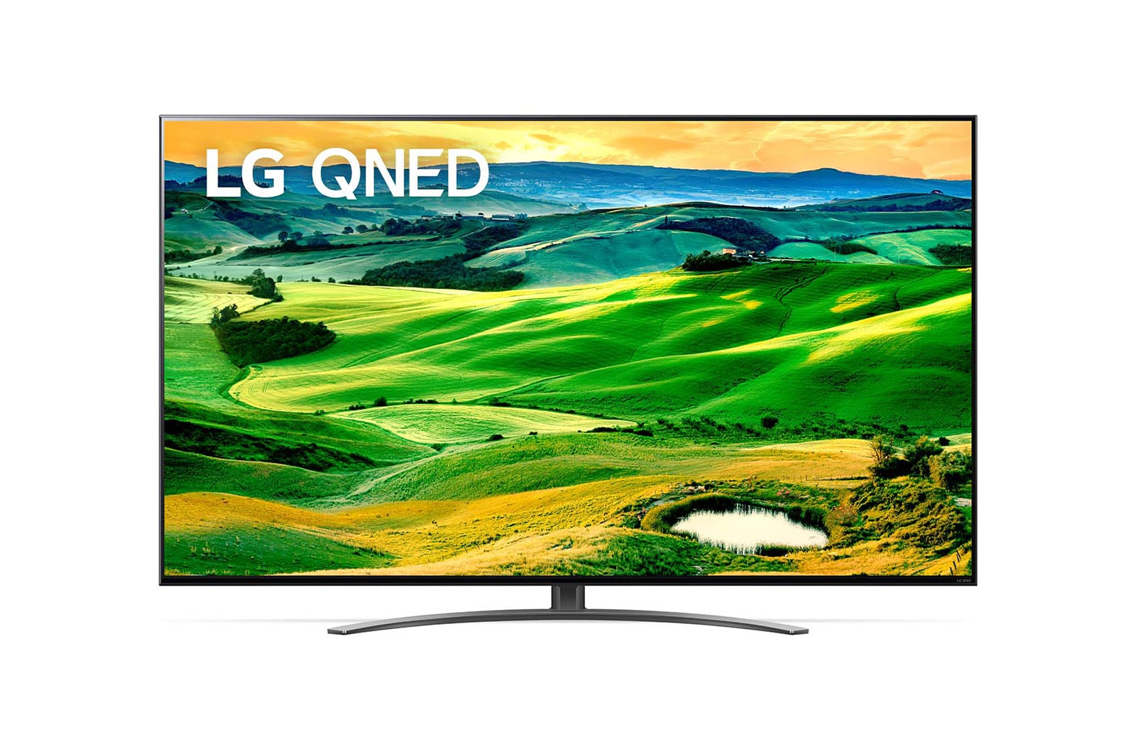 Widok z przodu telewizora LG QNED z obrazem wypełniającym i logo produktu
