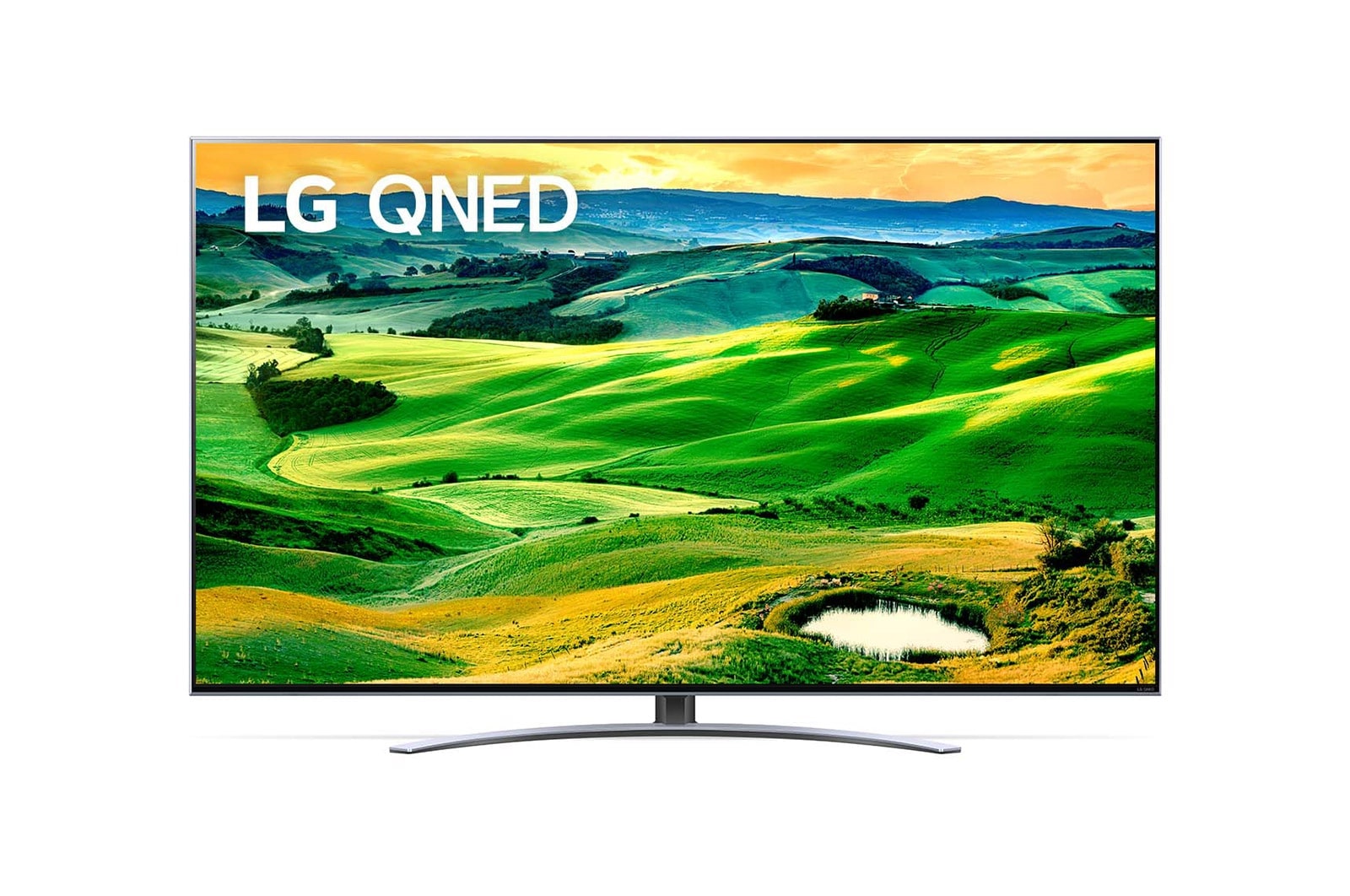 Widok z przodu telewizora LG QNED z obrazem wypełniającym i logo produktu
